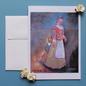 HUSHED BLUE AIR: wenskaart: blanco, gevouwen; 5 x 7", vroeg-Amerikaans, eenvoudig leven, langzaam leven, Thanksgiving, liefde en zorg voor haar!
