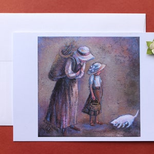 LIEBLINGSBEGLEITUNG—Grußkarte: blanko, gefaltet, 13x18,5 cm, aus Ölmalerei, Katze, simple life, simple life, life life, mindfulness, für Mutter & Tochter.