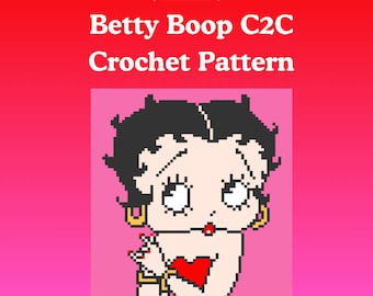 May include: A pixelated image of Betty Boop with black hair, gold earrings, and a red heart. The text "Betty Boop C2C Crochet Pattern" is displayed above the image, with a "Stitch Street" logo at the top.