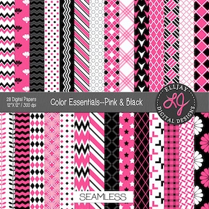 Felroze en zwart digitaal papierpakket. Naadloze roze achtergronden, scrapbooking, kaarten maken, knutselen. Chevron, sterren, strepen. Commercieel gebruik.
