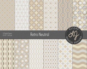 Neutral Retro digital paper pack. Beige and gray retro patterns. Neutral backgrounds. Geometric patterns. Gray & beige printable paper.