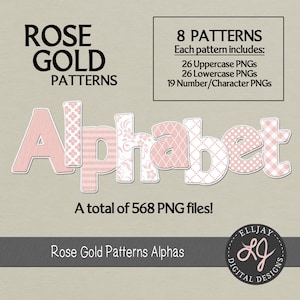 Roségouden patronen digitale alfabetten. Afzonderlijke bestanden PNG-alfatransparante achtergrond. Lichtroze lettertype clipart. Babyroze. Commercieel gebruik.
