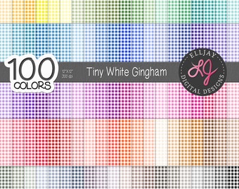 Tiny white gingham patterned digital paper in 100 colors. Small pattern for card making. Bright, pastel, neutral backgrounds. Seamless.