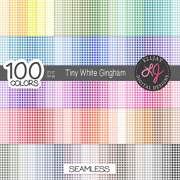 Tiny white gingham patterned digital paper in 100 colors. Small pattern for card making. Bright, pastel, neutral backgrounds. Seamless.