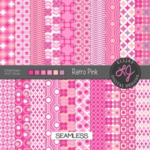 Pacchetto di carta digitale rosa retrò. Motivi retrò in tonalità di rosa. Sfondi rosa. Motivi geometrici rosa. Carte retrò rosa brillante.