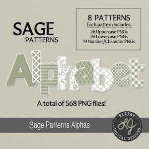 May include: Digital alphabet set titled "Sage Patterns Alphas." The image features the word "Alphabet" in various patterns and colors, including floral, striped, and dotted designs. The image also includes the text "8 Patterns" and "A total of 568 PNG files!"