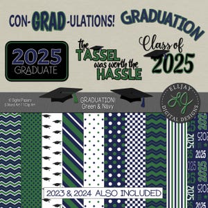 Groen en marineblauw 2025 afstuderen digitaal papier en clipart. Aankondigingen, uitnodigingen, feestversieringen. 2023 2024 Afstuderen. Klasse van 2025