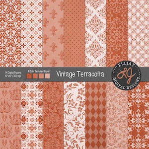 May include: A set of 14 digital papers featuring vintage terracotta patterns. The papers are 12 inches by 12 inches and 300 dpi. The patterns include floral, geometric, and damask designs.