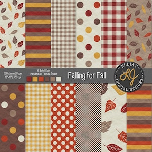 May include: A set of 18 digital papers featuring fall-themed patterns in red, orange, yellow, brown, and white. The patterns include polka dots, stripes, gingham, and leaves. The papers are 12 inches by 12 inches and 300 dpi. The text "Falling for Fall" is included in the image.