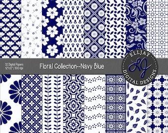 Navy Blue Floral Digital Paper Pack: 32 Seamless Patterns (Digital Download)