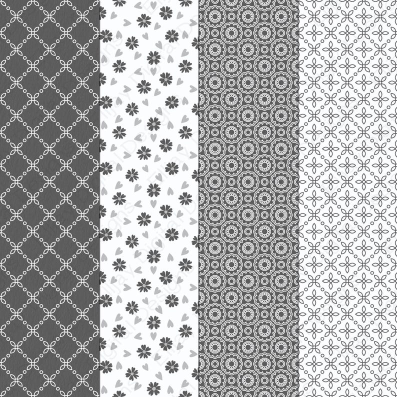 Dark Gray Floral Digital Paper Pack: Seamless Scrapbook Patterns ...