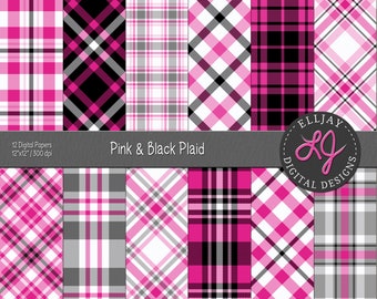 Pink & Black Plaid Digital Paper Pack: Valentine Scrapbook Patterns (12"x12")