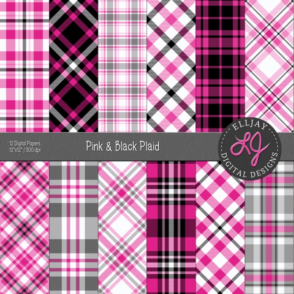 Pink & black plaid digital paper pack. Valentine digital scrapbook paper pack. Digital backgrounds. Pink plaid patterns. Commercial use.