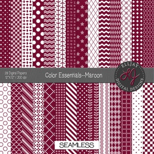 May include: A selection of 28 digital papers in maroon and white, featuring various patterns such as polka dots, stripes, and geometric designs. Each paper measures 30.48 cm x 30.48 cm and is 300 dpi. The text reads "Color Essentials--Maroon" and "SEAMLESS".