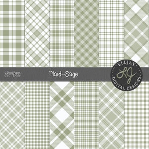 Puede incluir: Doce papeles digitales con diseños de cuadros en verde salvia y blanco. Cada papel mide 30,48 cm x 30,48 cm a 300 ppp. El texto "Plaid--Sage" se muestra en una pancarta gris oscuro. El logotipo de Elljay Digital Designs está en la esquina inferior derecha.
