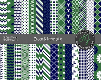 Green & Navy Blue Digital Paper Pack: Chevron, Stars, Stripes (Digital Download)