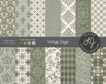 Sage damask digital paper pack. Light grunge textured paper. Sage vintage patterns. Damask, floral patterns. Vintage sage wedding papers.
