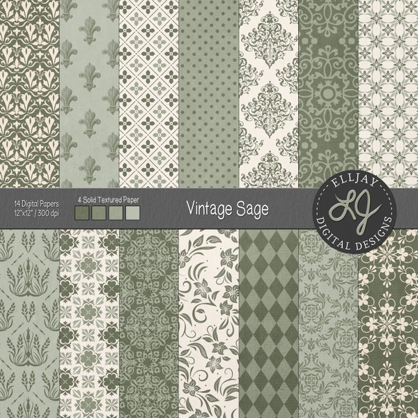 Sage damask digital paper pack. Light grunge textured paper. Sage vintage patterns. Damask, floral patterns. Vintage sage wedding papers.