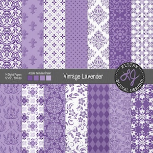 Vintage lavender digital paper pack. Light grunge textured paper. Purple patterns. Damask, floral patterns. Vintage lavender wedding papers.