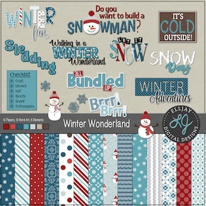 Winter Scrapbook Kit with snow digital papers and PNG word stickers. Blue, red & white patterned paper. Snowmen clipart. Commercial Use.
