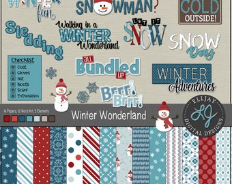 Zestaw do scrapbookingu zimowego: papier cyfrowy ze śniegiem, naklejki z wyrazami, grafika z bałwanami (do pobrania w wersji cyfrowej)