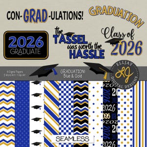 Papel digital de graduación azul y dorado 2026 (descarga digital)