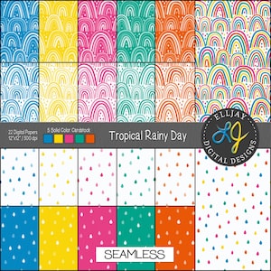 May include: A digital paper collection titled Tropical Rainy Day featuring 22 patterns with rainbow arches and raindrops in blue, yellow, pink, teal, and orange. The set includes 5 solid color cardstock options, all presented in a 12x12 inch format.