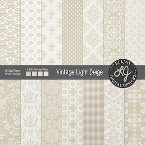 Lichtbeige damast digitaal papierpakket. Crème digitaal papier. Beige vintage patronen. Damast, bloemenpatronen. Vintage trouwpapieren.