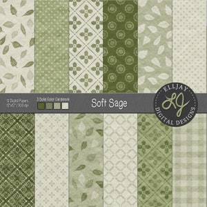 Soft Sage Digital Paper Kit. Homemade paper textured digital paper. Sage patterns--leaves, floral, gingham, dots. Wedding background.