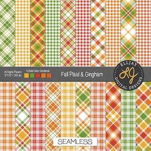 Fall Gingham Plaid Digital Paper – Seamless orange, yellow, red, green scrapbook backgrounds. Commercial use. Instant download.