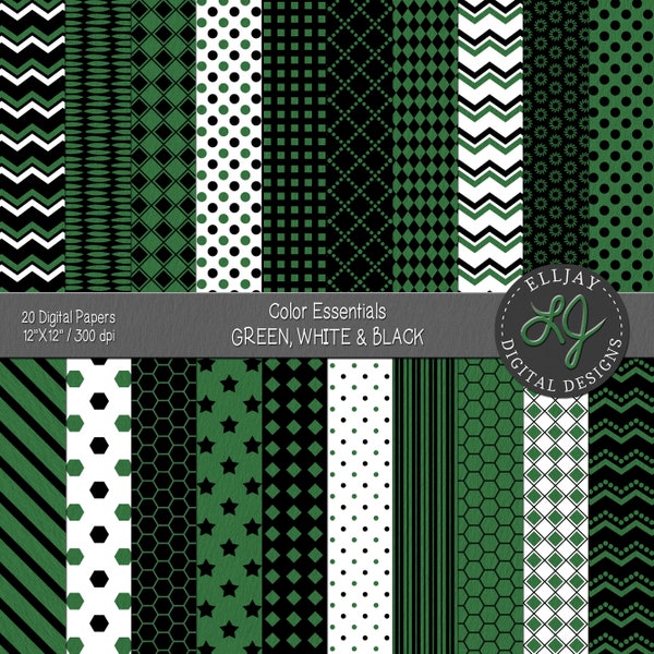 Black, white and green digital paper pack. Patterns, Backgrounds, For Scrapbooking, Card Making, Crafts, Instant Download for Commercial Use