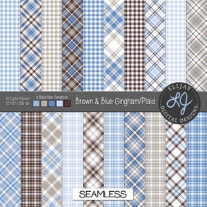 May include: A collection of 20 digital papers and 5 solid colour cardstock sheets featuring brown and blue gingham and plaid patterns. The image includes the text 20 Digital Papers 12x12 300 dpi, Brown & Blue Gingham/Plaid, SEAMLESS, and Elljay Digital Designs.