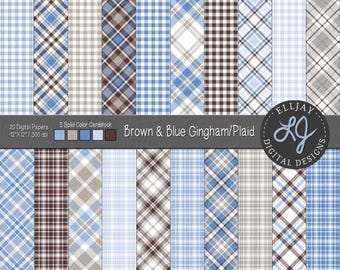 Rustykalny papier cyfrowy w brązowo-niebieską kratkę Gingham – bezszwowe tła do scrapbookingu. Do użytku komercyjnego. Natychmiastowe pobranie.