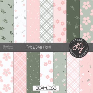 Paquete de papel digital floral rosa y salvia: patrones para scrapbooking (30,5 x 30,5 cm, 300 ppp) (uso comercial)
