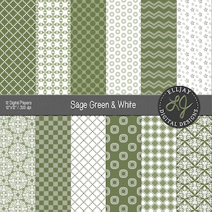 Kit de papel digital verde e branco. Papel de scrapbook para impressão verde sálvia. Papel de casamento verde sálvia. Álbum de recortes verde sálvia. Padrões sábios.