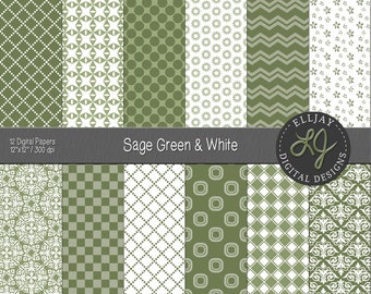 Sage Green Digital Paper Pack: Scrapbook Patterns (Digital Download)