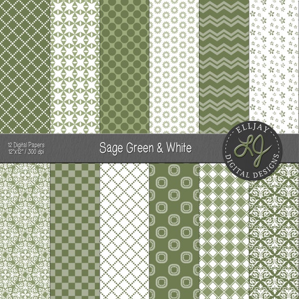 Sage green & white digital paper kit. Sage green printable scrapbook paper. Sage green wedding paper. Sage green scrapbook. Sage patterns.