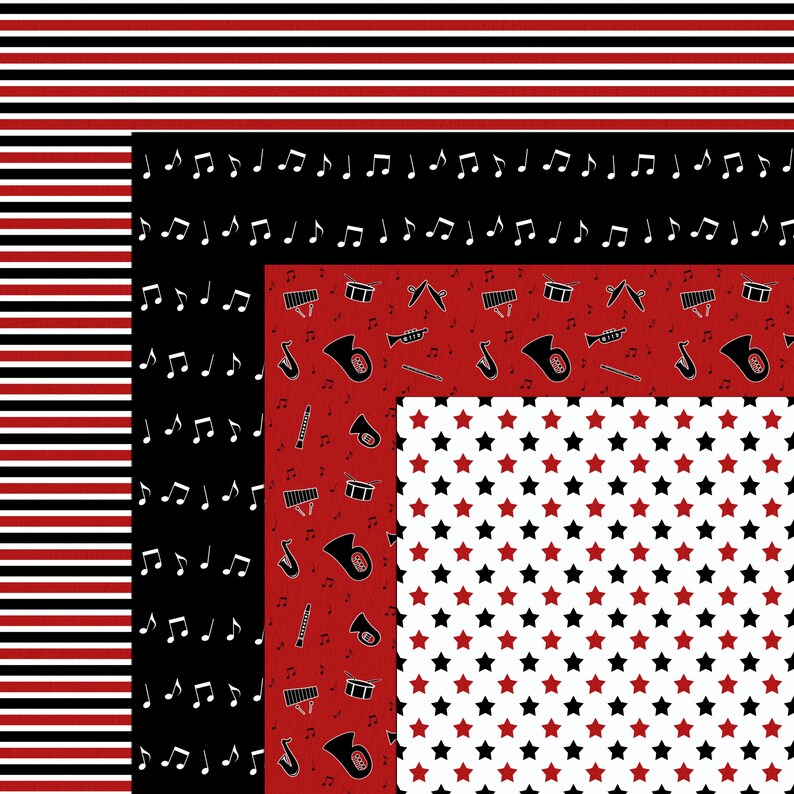 Red Marching Band Digital Paper Pack: Music Notes (12x12 Inch, 300 Dpi ...