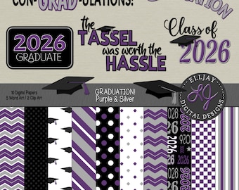 Papel digital de graduación morado y plateado 2026 (descarga digital)