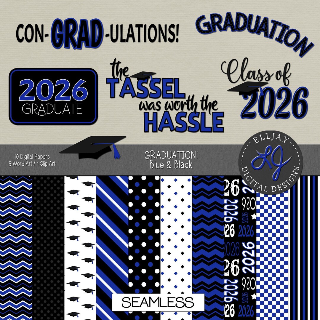 2026 Graduation Digital Paper Pack: Blue & Black Scrapbook Kit (digital ...