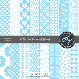 Pastel blue floral digital paper pack. 32 light blue pattern. Pastel blue floral background. Seamless floral scrapbook paper. Commercial use