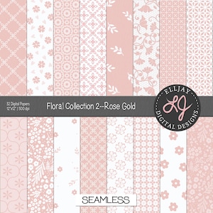 Rose gold florales digitales Papier. 32 Roségoldmuster.  Hellrosa Hintergründe. Nahtloses florales Gästebuch, zum Basteln. Kommerzielle Nutzung.