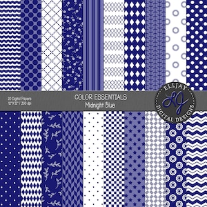 Middernachtblauw digitaal papierpakket. Naadloze blauwe achtergronden. Blauwe stippen, chevron-, ster-, bloemen- en geometrische patronen. Commercieel gebruik.