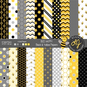Bee digital papers in yellow and black. Bee scrapbook paper. Bumblebee patterns. Yellow & black polka dot. Instant download--commercial use.