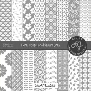 Paquete de papel digital floral gris y blanco. 32 patrones grises y blancos. Papel de fondo gris. Papel floral sin costuras. Papel digital de boda.