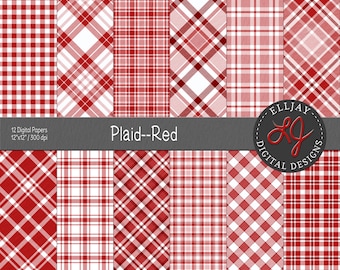 Pakiet papieru cyfrowego w czerwoną kratkę i kratkę gingham. Bezszwowe wzory. Tła do scrapbookingu. (Pobranie cyfrowe). Do użytku komercyjnego.