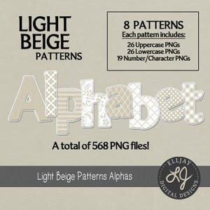 Hellbeige Muster digital Alphabete. Einzelne Dateien können einen transparenten PNG-Hintergrund haben. Tan Buchstaben Zahlen Clipart. Kommerzielle Nutzung.