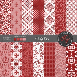 Vintage rotes digitales Papier. Leichtes Grunge Strukturpapier. Rote digitale Muster. Damast, florale Muster. Vintage rote Hochzeitspapiere.