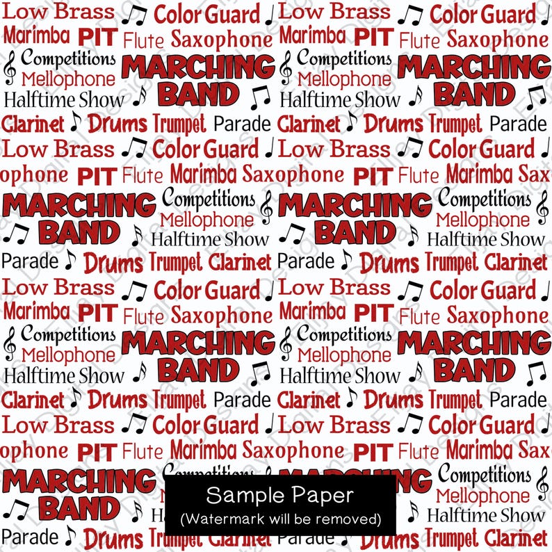 Red Marching Band Digital Paper Pack: Music Notes (12x12 Inch, 300 Dpi ...