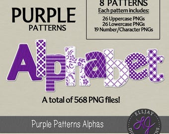 Purple patterns digital alphabets. Individual files PNG alpha transparent background. Purple font clipart. Instant download. Commercial use.